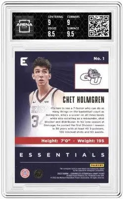 Graded basketball trading card featuring Chet Holmgren from 2022-23 Panini Chronicles Essentials Arena Club
