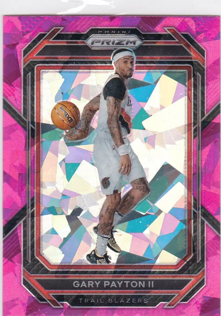 Basketball trading card of Gary Payton II in white uniform with Pink Cracked Ice design