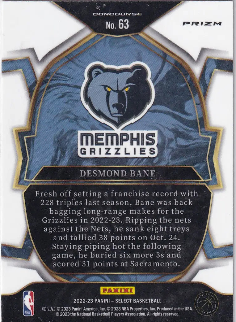 2022-23 SELECT #63 DESMOND BANE BLUE CRACKED ICE- MEMPHIS GRIZZLIES - Basketball Card Single