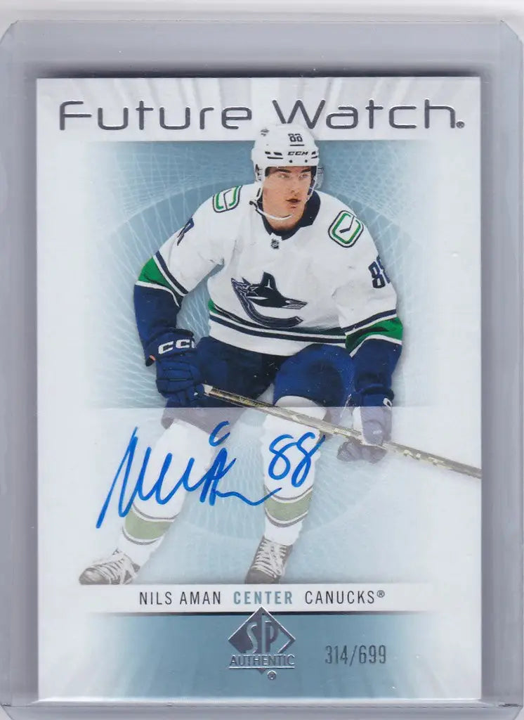Hockey trading card of Nils Aman Future Watch Auto from the Vancouver Canucks