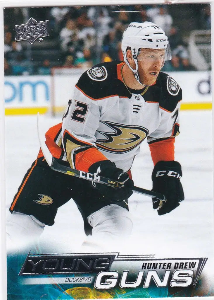 Hockey player in Anaheim Ducks jersey number 72 illustrating Hunter Drew Young Guns card