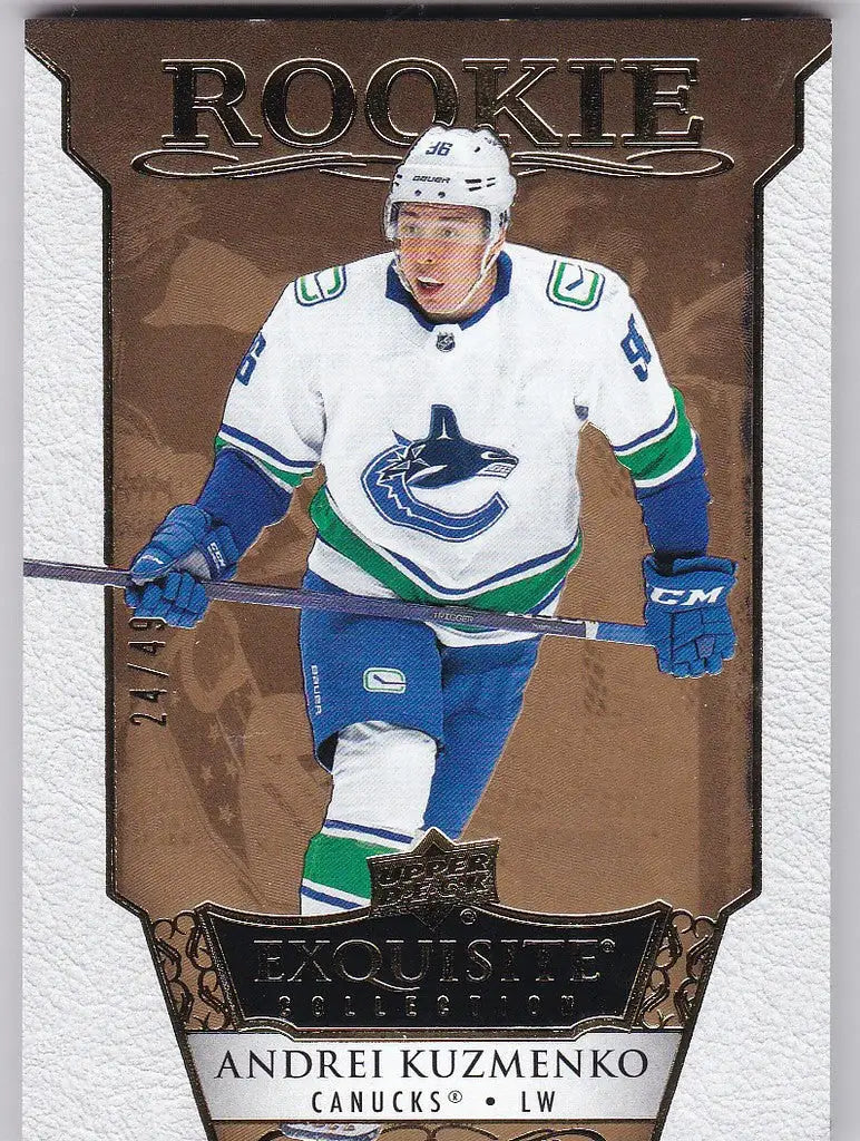 Hockey trading card of Andrei Kuzmenko in Canucks jersey from Upper Deck Ice