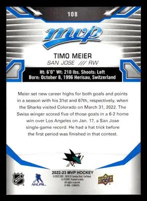 2022-23 Upper Deck MVP #108 Timo Meier Blue Script - Hockey Card Single