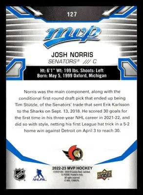 2022-23 Upper Deck MVP #127 Josh Norris Blue Script - Hockey Card Single