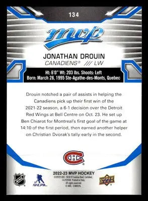 2022-23 Upper Deck MVP #134 Jonathan Drouin Blue Script - Hockey Card Single