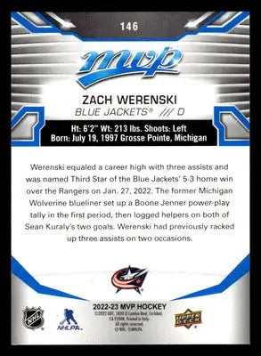 2022-23 Upper Deck MVP #146 Zach Werenski Blue Script - Hockey Card Single