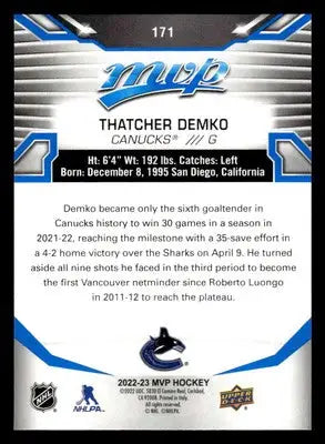 2022-23 Upper Deck MVP #171 Thatcher Demko Blue Script - Hockey Card Single