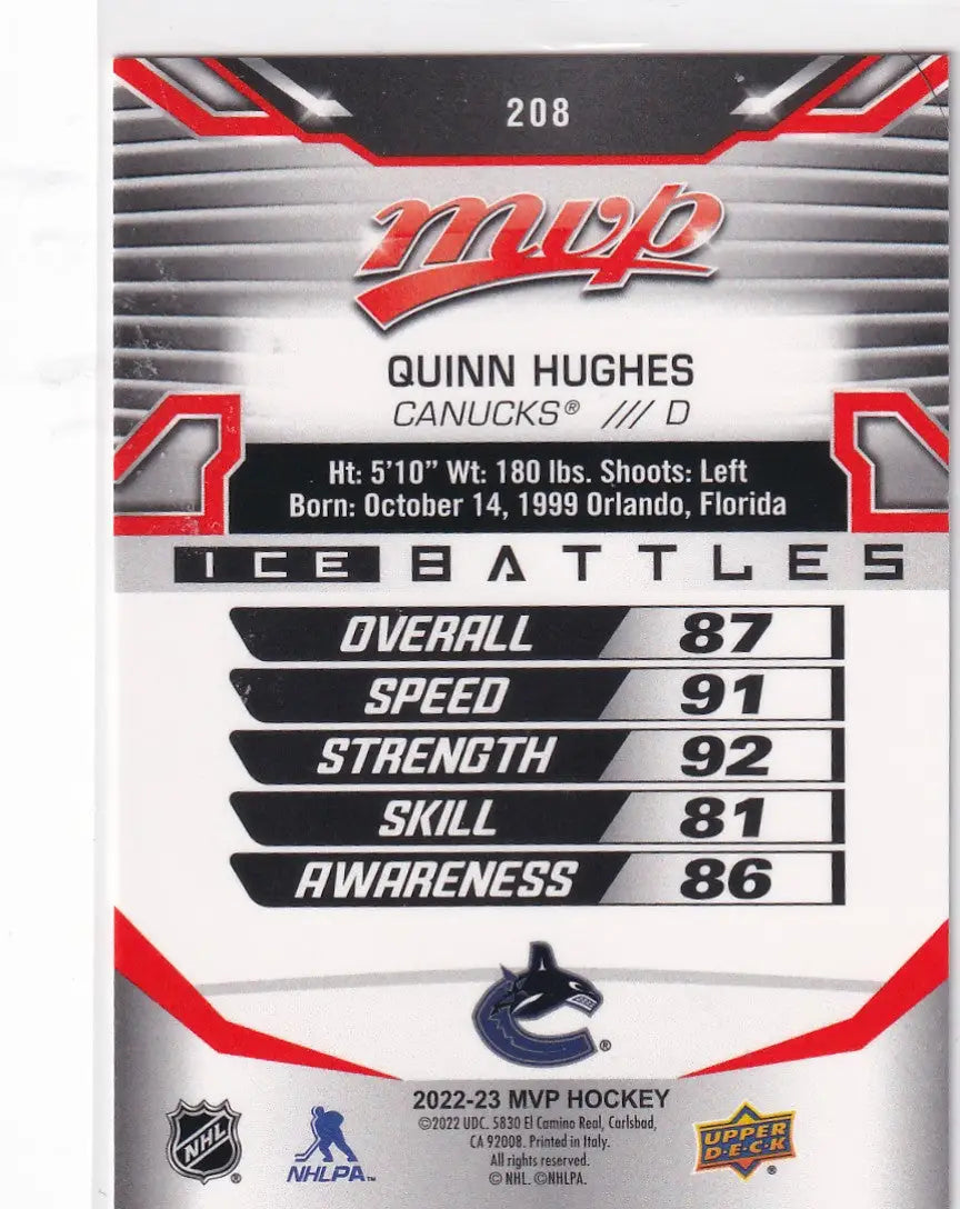 2022-23 UPPER DECK MVP #208 QUINN HUGHS- CANUCKS - Hockey Card Single