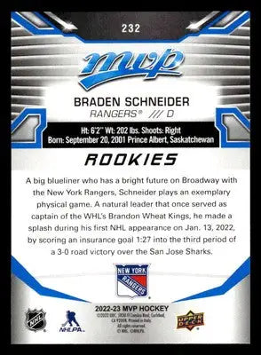 2022-23 Upper Deck MVP #232 Braden Schneider Blue Script - Hockey Card Single