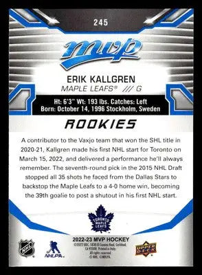 2022-23 Upper Deck MVP #245 Erik Kallgren Blue Script - Hockey Card Single