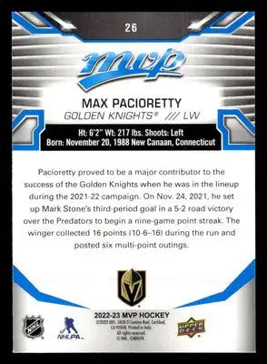2022-23 Upper Deck MVP #26 Max Pacioretty Blue Script - Hockey Card Single