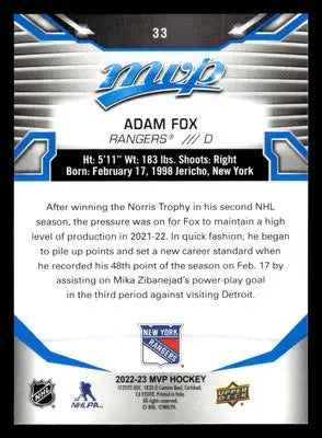 2022-23 Upper Deck MVP #33 Adam Fox Blue Script - Hockey Card Single