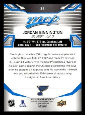 2022-23 Upper Deck MVP #35 Jordan Binnington Blue Script - Hockey Card Single