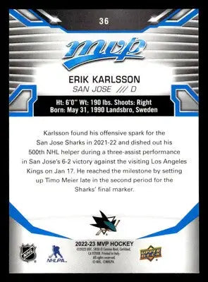 2022-23 Upper Deck MVP #36 Erik Karlsson Blue Script - Hockey Card Single