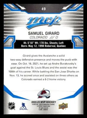 2022-23 Upper Deck MVP #49 Samuel Girard Blue Script - Hockey Card Single