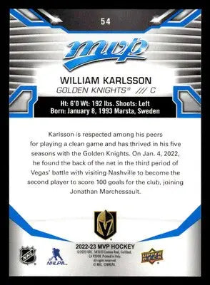 2022-23 Upper Deck MVP #54 William Karlsson Blue Script - Hockey Card Single