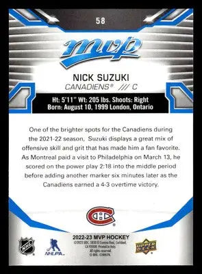 2022-23 Upper Deck MVP #58 Nick Suzuki Blue Script - Hockey Card Single