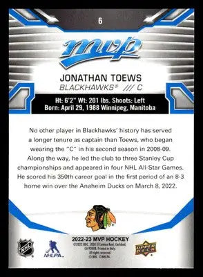 2022-23 Upper Deck MVP #6 Jonathan Toews Blue Script - Hockey Card Single