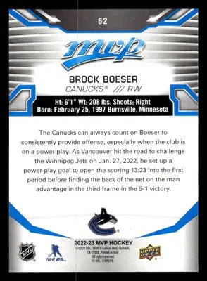 2022-23 Upper Deck MVP #62 Brock Boeser Blue Script - Hockey Card Single