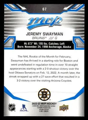 2022-23 Upper Deck MVP #67 Jeremy Swayman Blue Script - Hockey Card Single