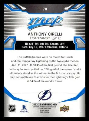 2022-23 Upper Deck MVP #70 Anthony Cirelli Blue Script - Hockey Card Single