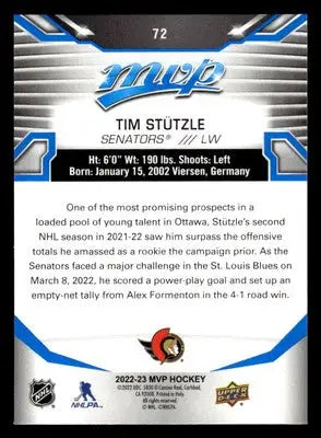 2022-23 Upper Deck MVP #72 Tim Stutzle Blue Script - Hockey Card Single