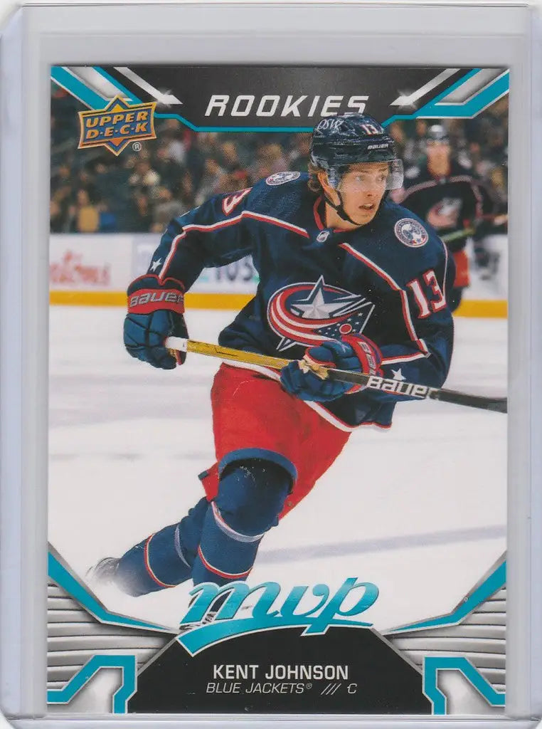 Hockey trading card of Kent Johnson, Columbus Blue Jackets, Upper Deck MVP Rookie SP