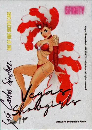 Stylized illustration of a showgirl in red and white feathers by Jose Carlos Sanchez