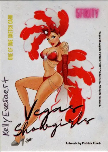 Stylized illustration of a showgirl in a red and white costume on Kelly Everaert sketch card