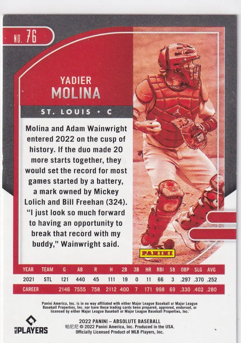 2022 ABSOLUTE #76 YADIER MOLINA- ST LOUIS CARDINALS - Baseball Card Single
