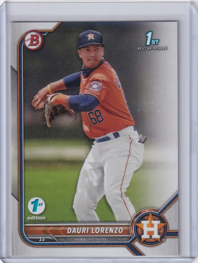 Baseball card of Dauri Lorenzo Houston in mid-throw from 2022 Bowman 1st Edition