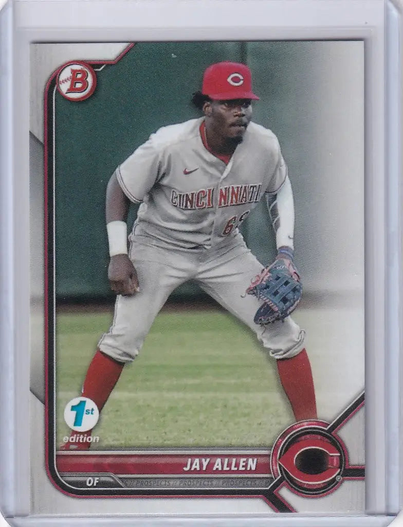 Bowman 1st Edition Jay Allen Cincinnati Reds player in a fielding stance