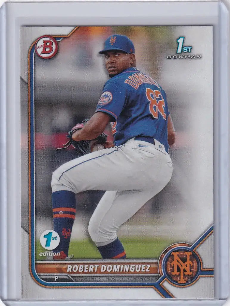 Baseball card of New York Mets pitcher Robert Dominguez from 2022 Bowman 1st Edition