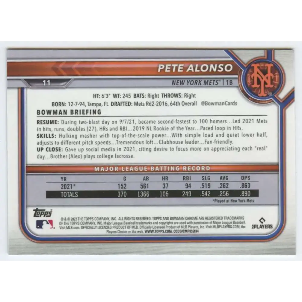 2022 Bowman Chrome #11 Pete Alonso NM-MT New York Mets Baseball Card - Baseball Card Single
