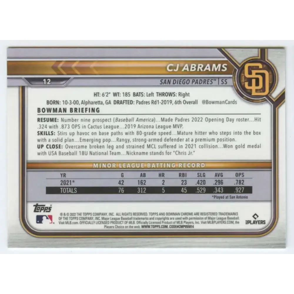 2022 Bowman Chrome #12 CJ Abrams NM-MT RC Rookie San Diego Padres Baseball Card - Baseball Card Single
