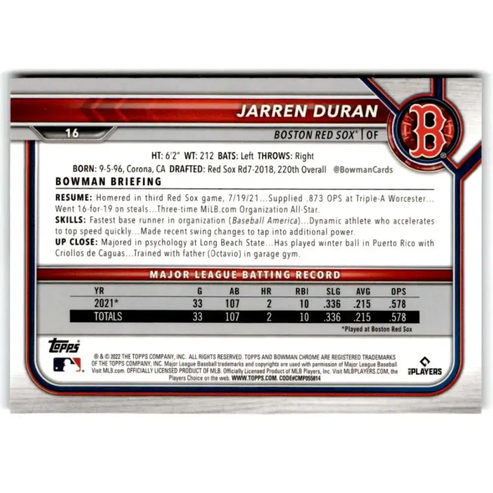 2022 Bowman Chrome #16 Jarren Duran NM-MT RC Rookie Boston Red Sox Baseball Card - Baseball Card Single