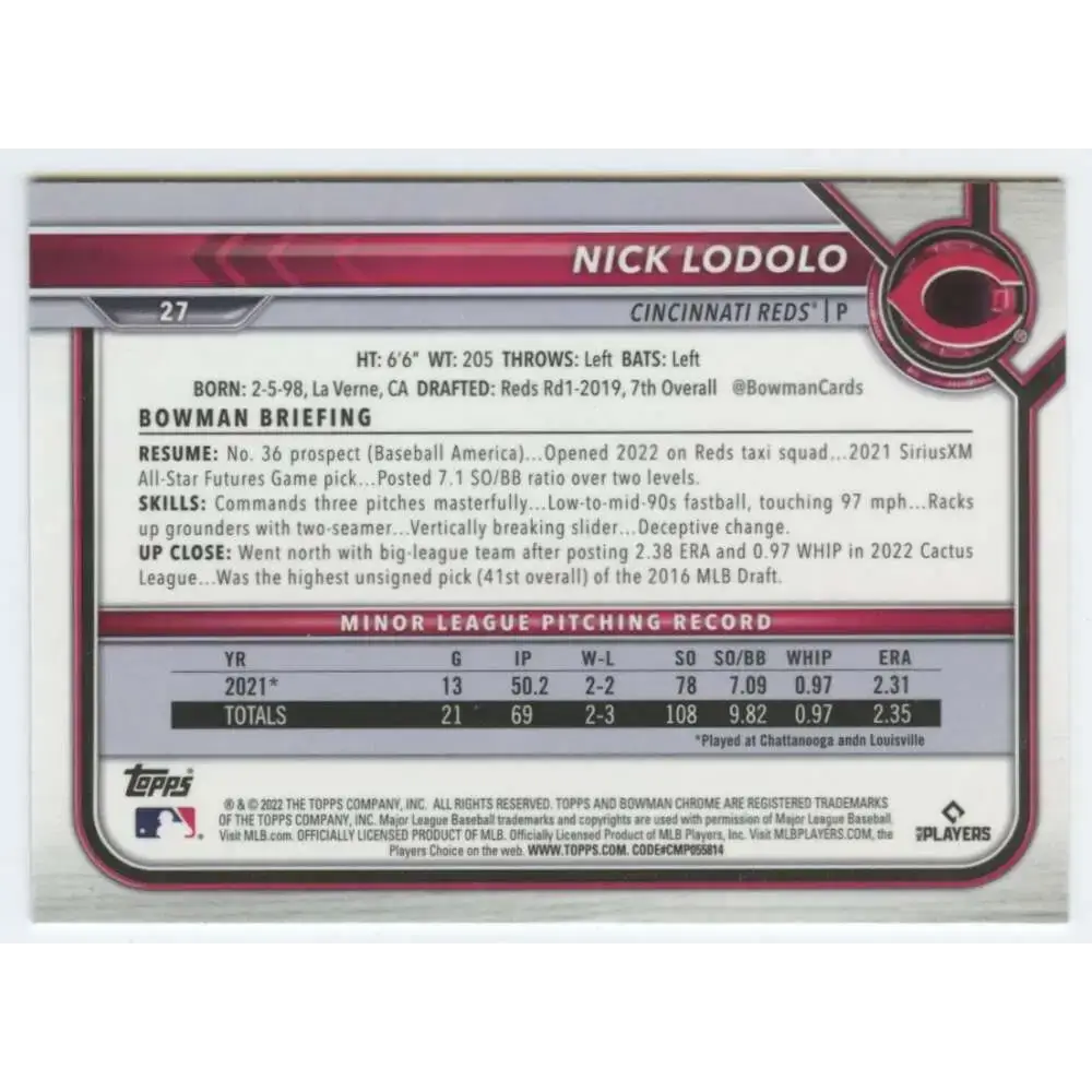 2022 Bowman Chrome #27 Nick Lodolo NM-MT RC Rookie Cincinnati Reds Baseball Card - Baseball Card Single