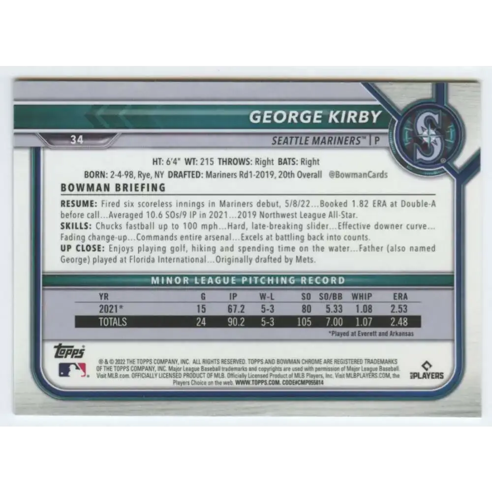 2022 Bowman Chrome #34 George Kirby NM-MT RC Rookie Seattle Mariners Baseball Card - Baseball Card Single