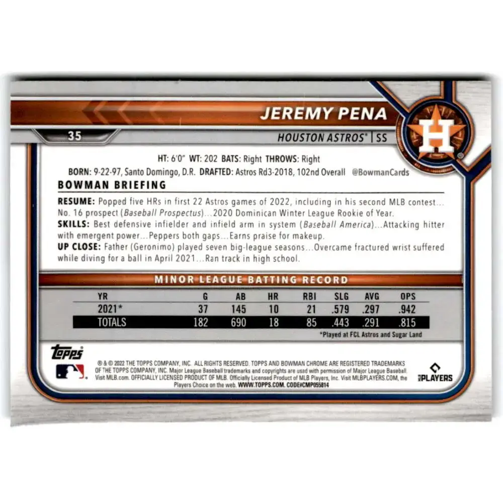 2022 Bowman Chrome #35 Jeremy Pena NM-MT RC Rookie Houston Astros Baseball Card - Baseball Card Single