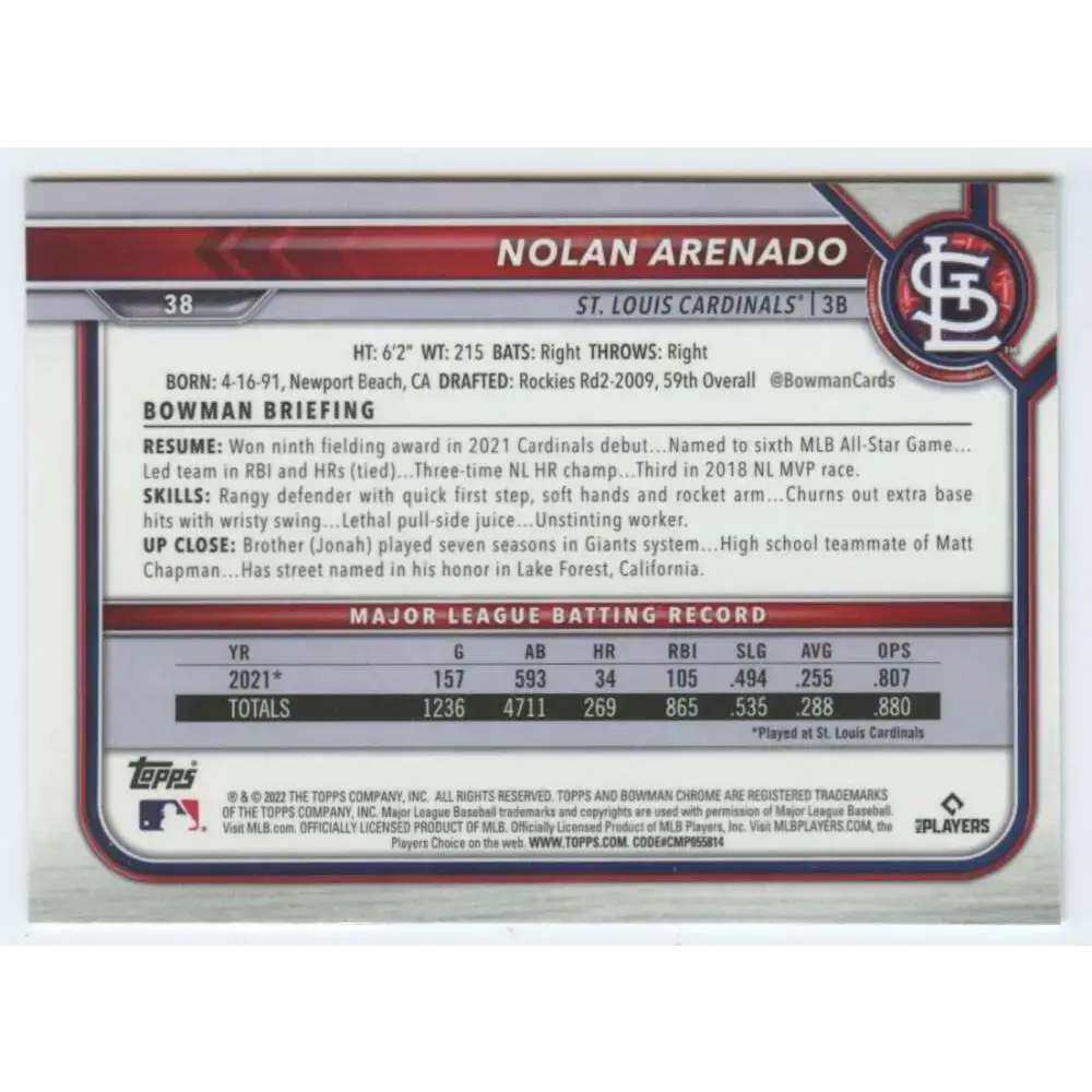 2022 Bowman Chrome #38 Nolan Arenado NM-MT St. Louis Cardinals Baseball Card - Baseball Card Single