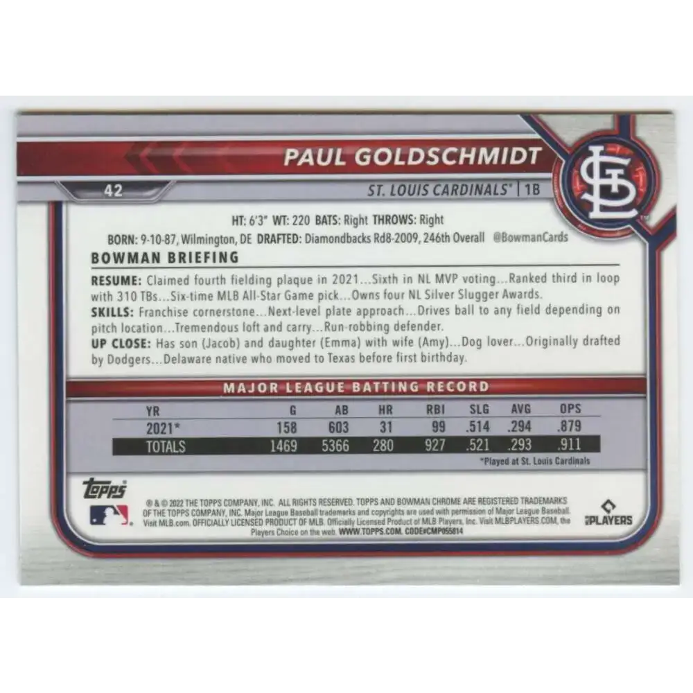 2022 Bowman Chrome #42 Paul Goldschmidt NM-MT St. Louis Cardinals Baseball Card - Baseball Card Single