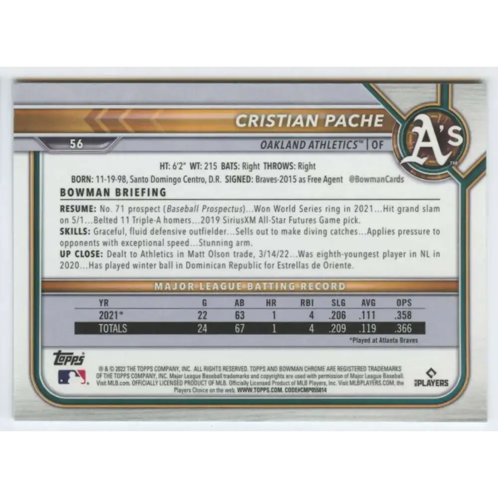 2022 Bowman Chrome #56 Cristian Pache NM-MT Oakland Athletics Baseball Card - Baseball Card Single