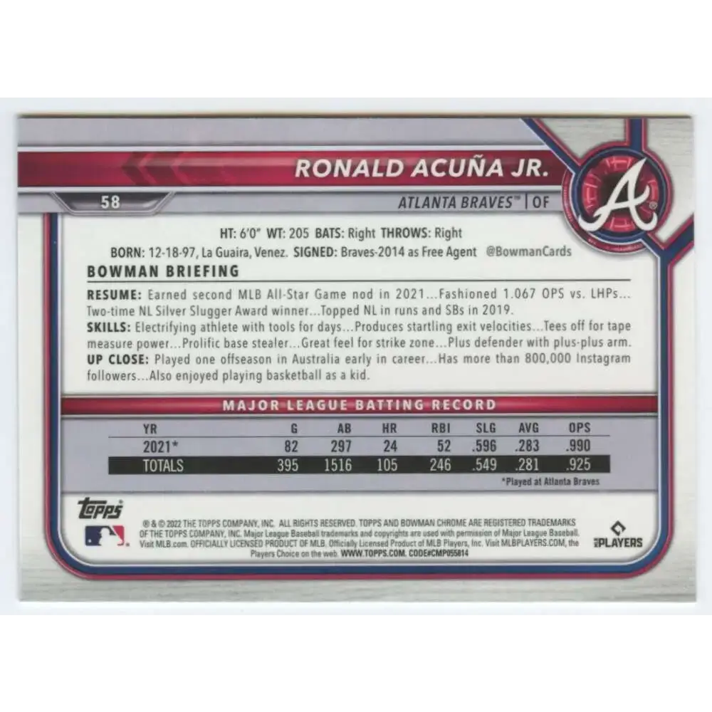 2022 Bowman Chrome #58 Ronald Acuna Jr. NM-MT Atlanta Braves Baseball Card - Baseball Card Single