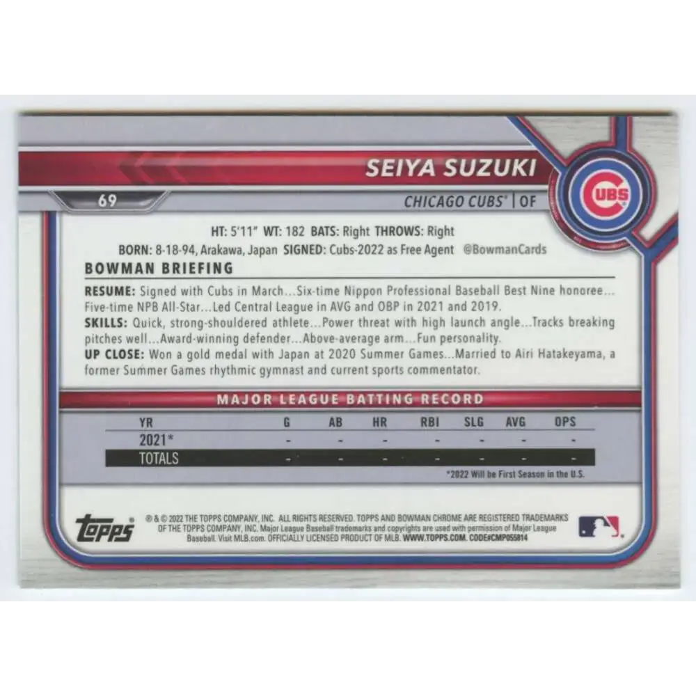 2022 Bowman Chrome #69 Seiya Suzuki NM-MT RC Rookie Chicago Cubs Baseball Card - Baseball Card Single