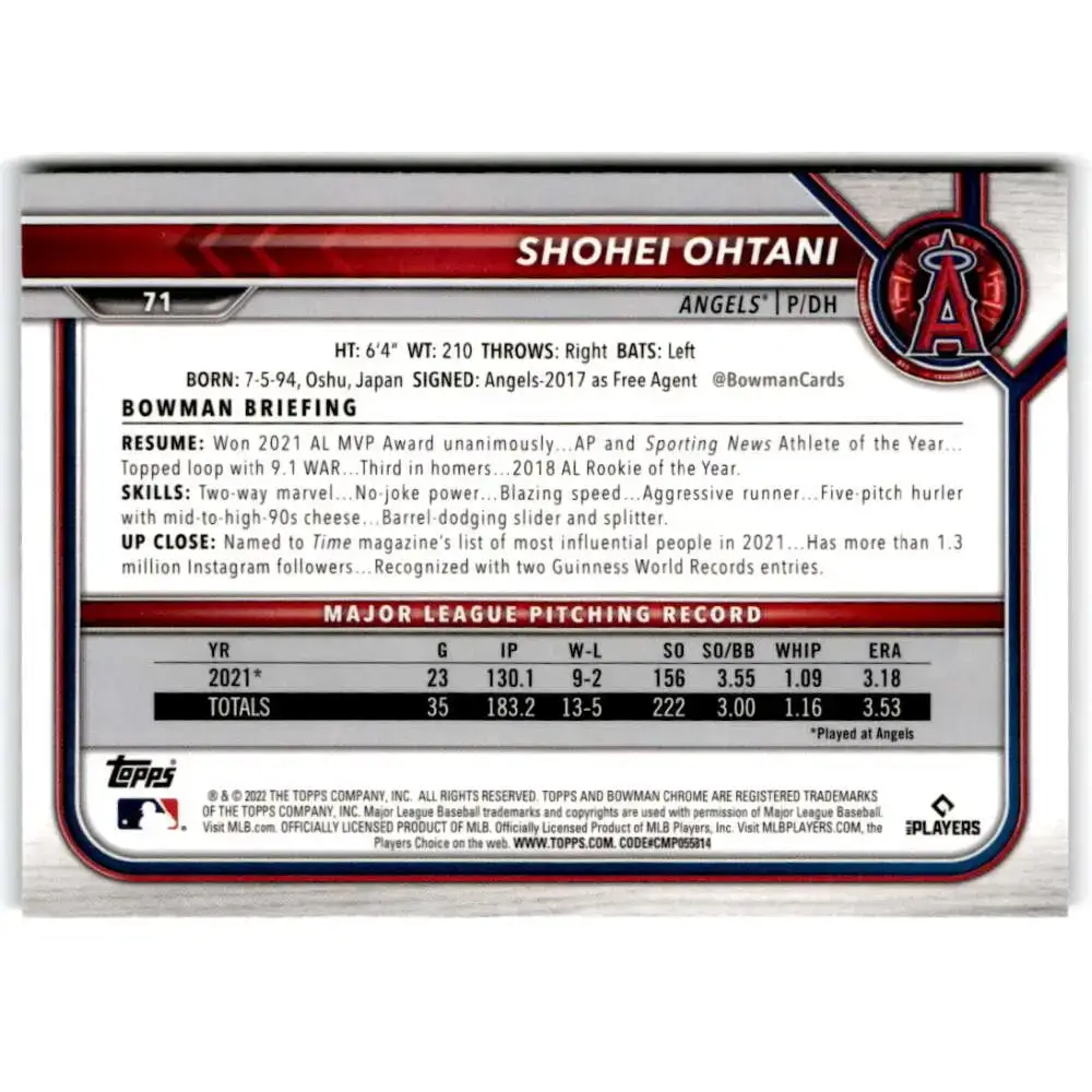 2022 Bowman Chrome #71 Shohei Ohtani NM-MT Los Angeles Angels Baseball Card - Baseball Card Single