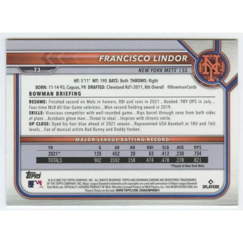 2022 Bowman Chrome #73 Francisco Lindor NM-MT New York Mets Baseball Card - Baseball Card Single