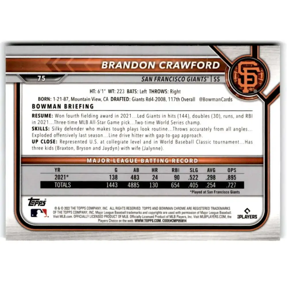 2022 Bowman Chrome #75 Brandon Crawford NM-MT San Francisco Giants Baseball Card - Baseball Card Single