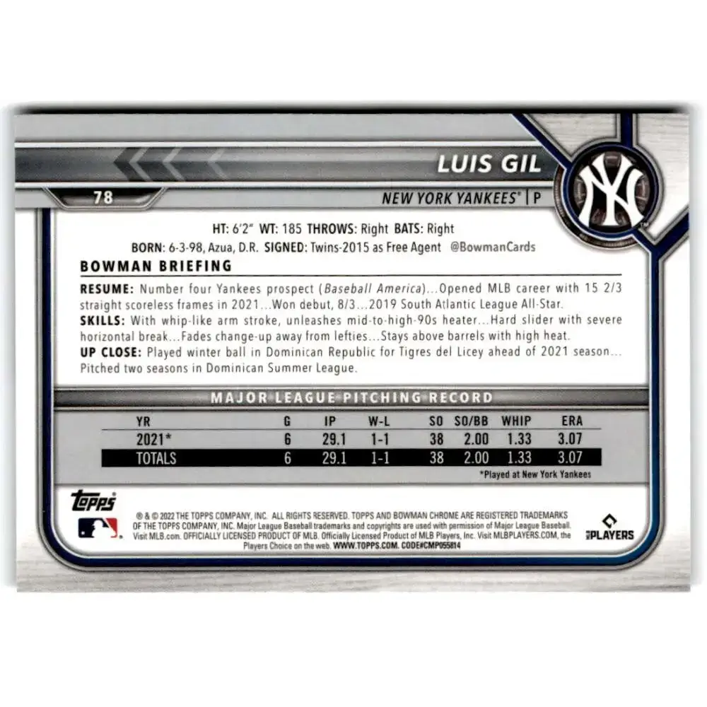 2022 Bowman Chrome #78 Luis Gil NM-MT RC Rookie New York Yankees Baseball Card - Baseball Card Single