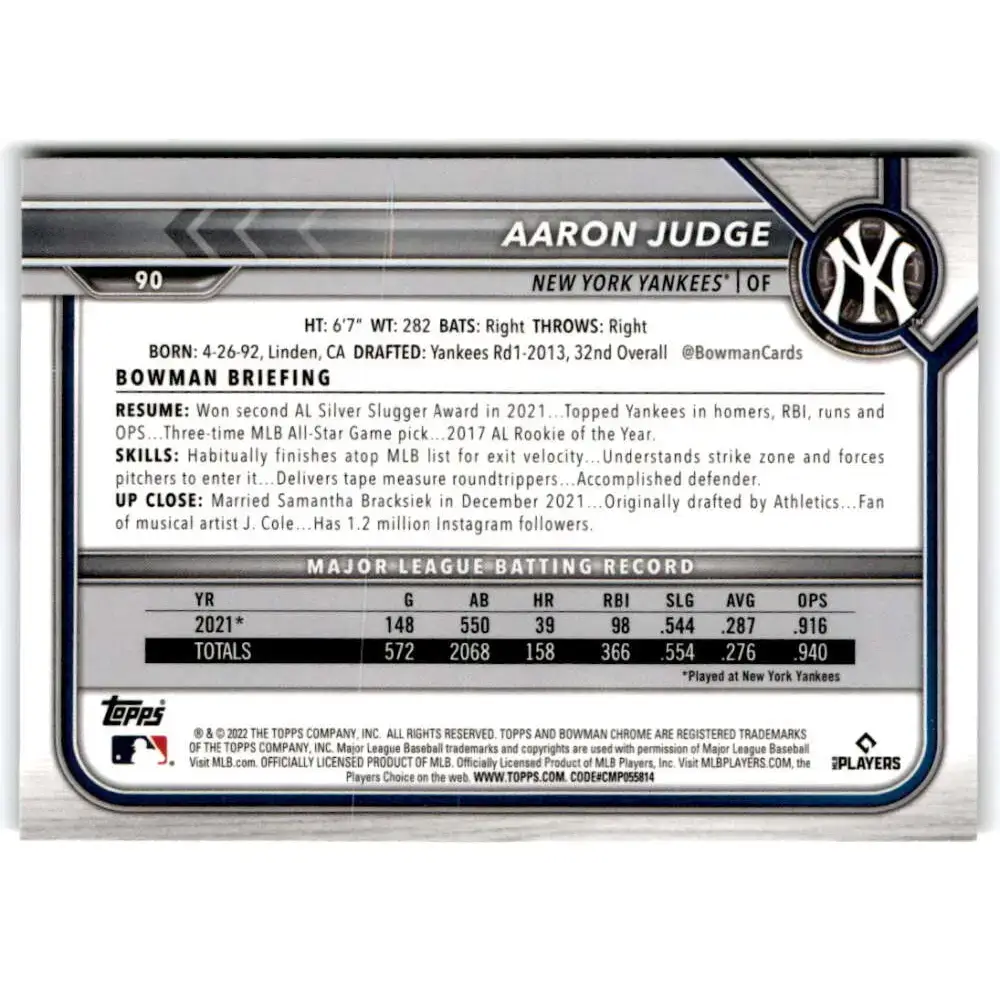 2022 Bowman Chrome #90 Aaron Judge NM-MT New York Yankees Baseball Card - Baseball Card Single