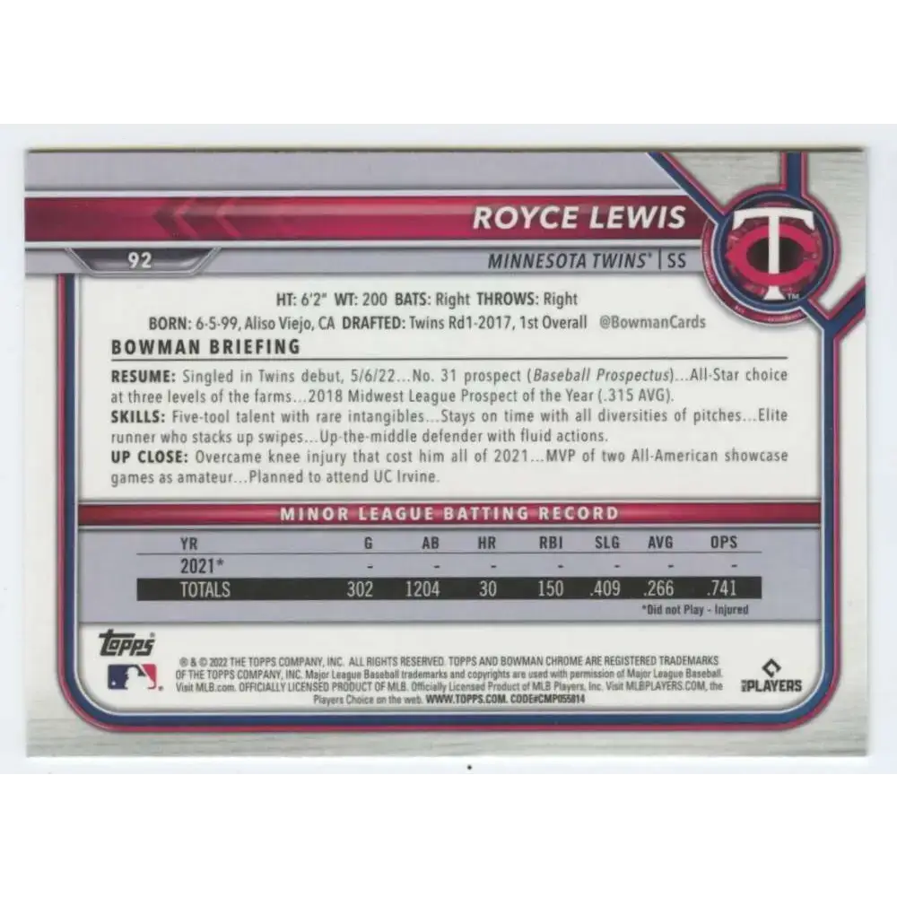 2022 Bowman Chrome #92 Royce Lewis NM-MT RC Rookie Minnesota Twins Baseball Card - Baseball Card Single